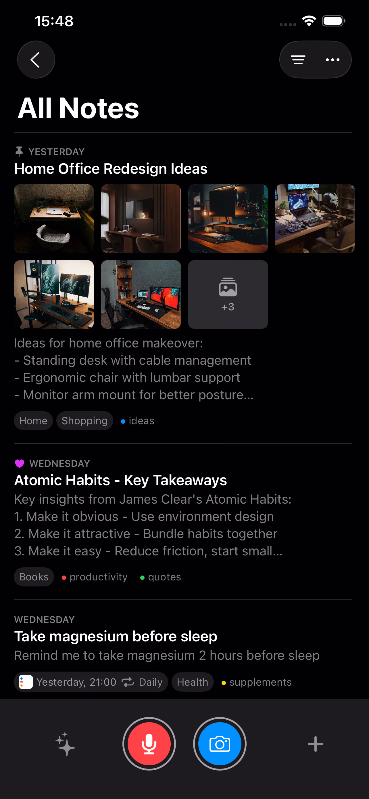 Unote iOS app interface in dark mode